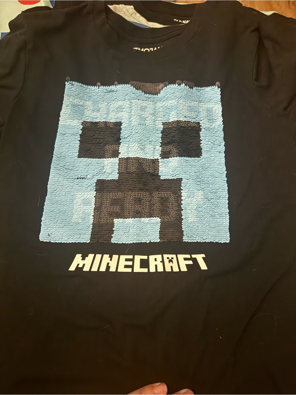 Moda Kids Minecraft Sequin Creeper Tee - Black and Light Blue